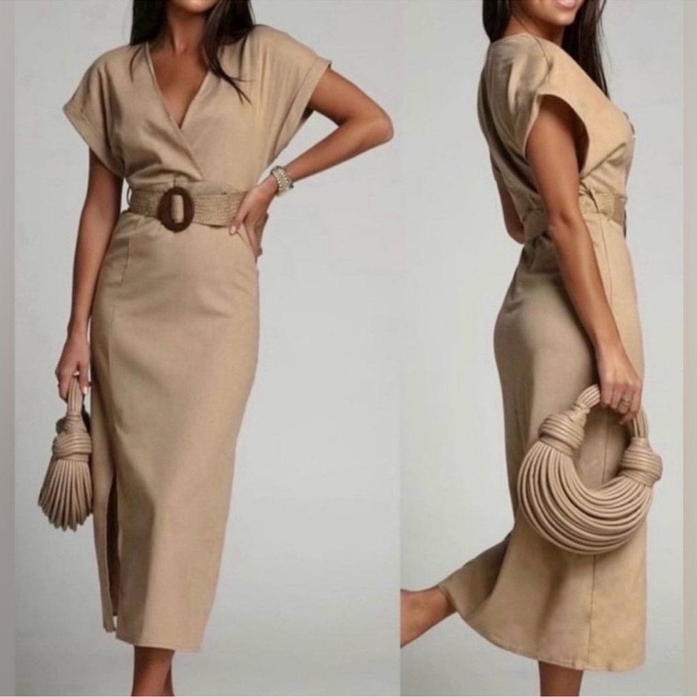 Mango belted linen midi dress size medium